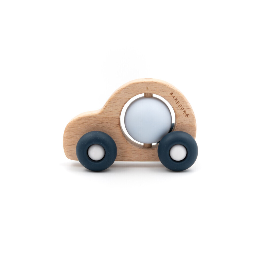 Coche en madera de bambú y silicona rosa Bamboom