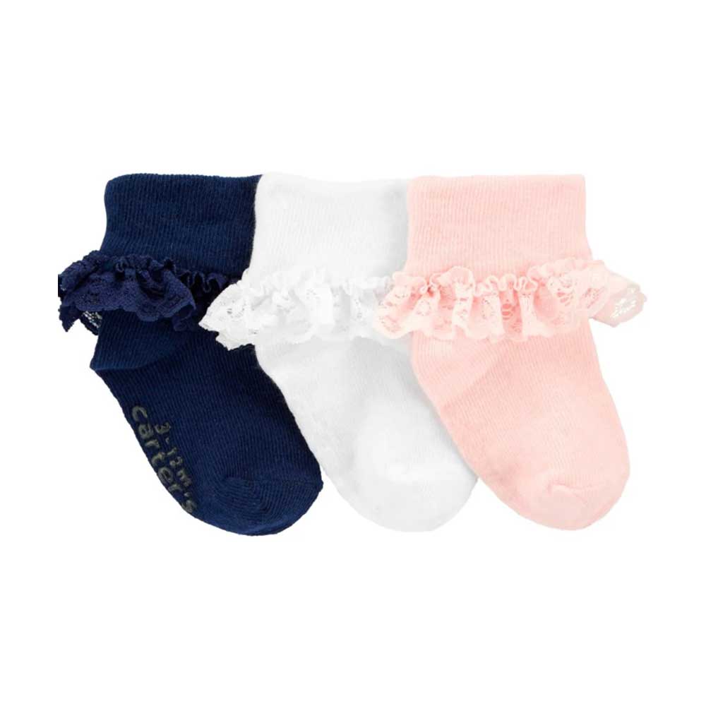Pack 3 calcetines con volantes rosa, blanco y azul marino Carter's