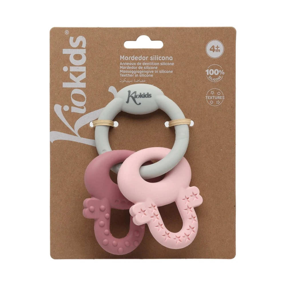 Mordedor de llaves de silicona rosa y gris para bebé KioKids