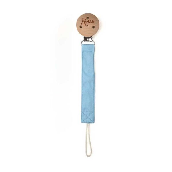 Pinza sujetachupetes madera azul para bebé KioKids