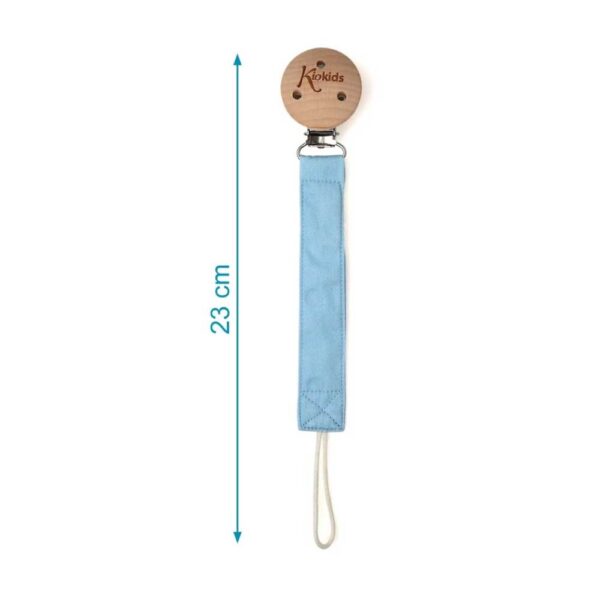 Pinza sujetachupetes madera azul para bebé KioKids