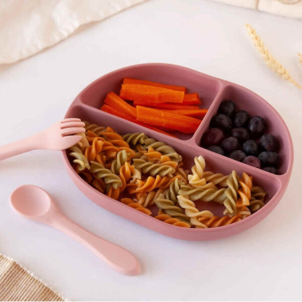 Set de cubiertos y bandeja BLW silicona rosa bebé KioKids